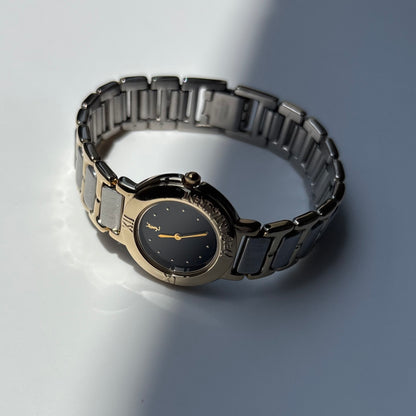 Yves Saint Laurent 1990s Black Round Dial Two Tone Gold Plated Watch