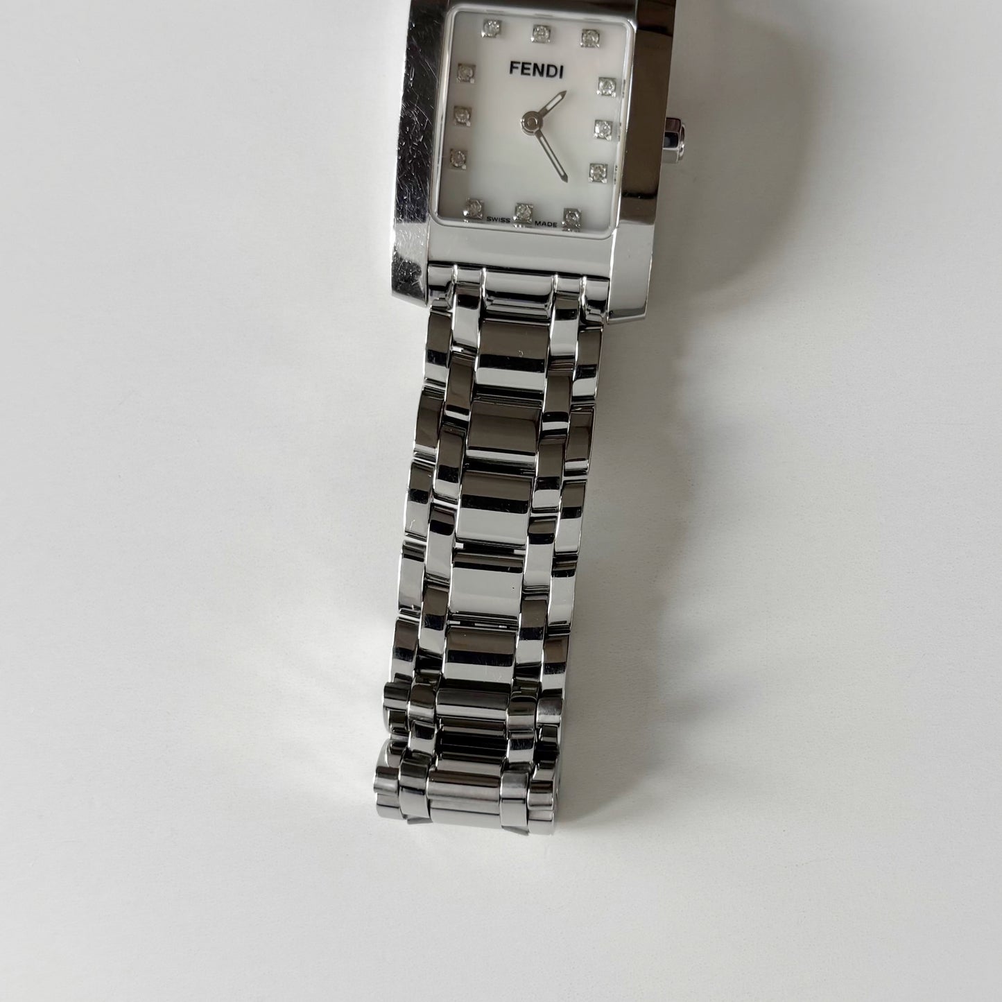 Fendi 1990s Seashell Dial Tank Silver Watch