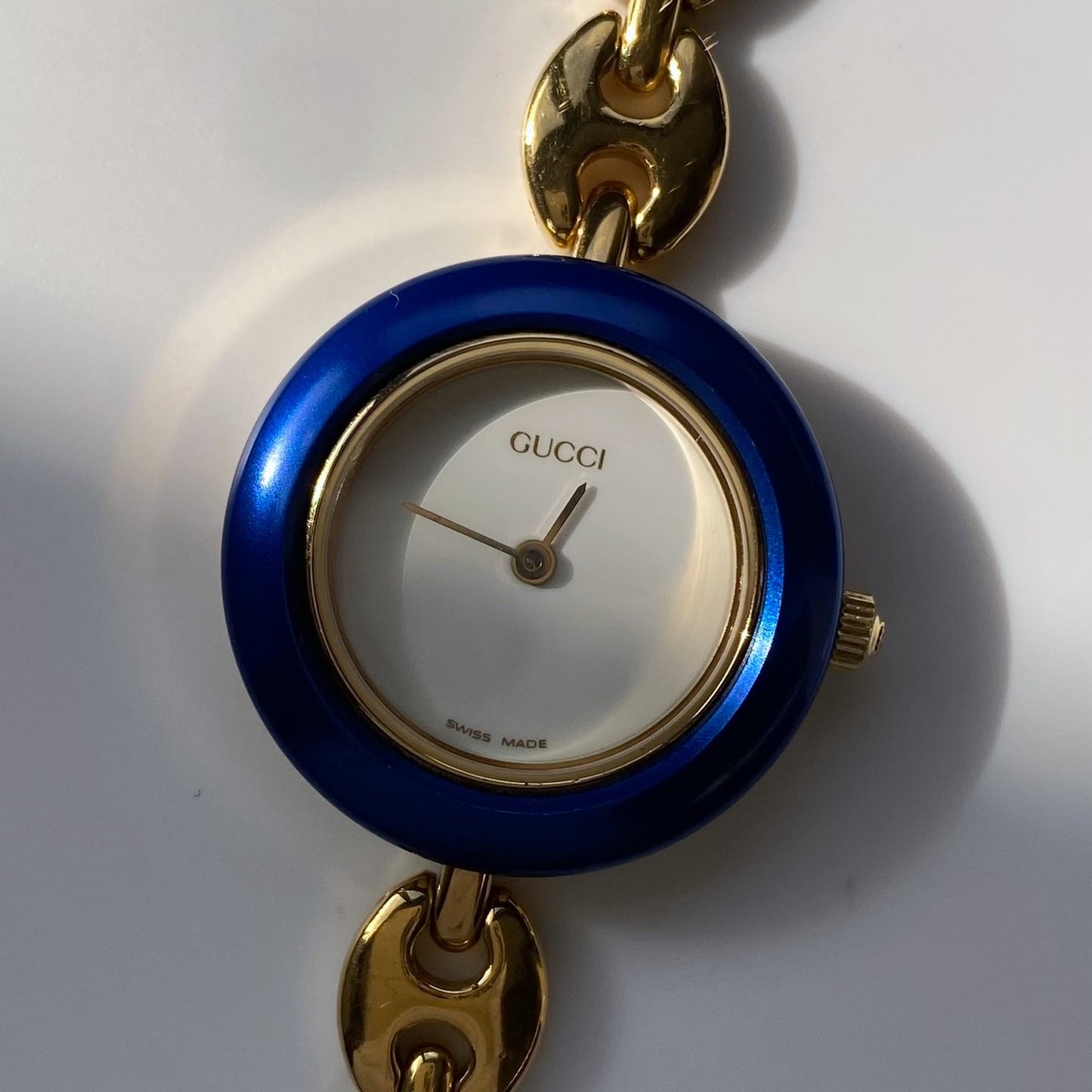 Gucci 1990s Interchangeable Bezel Gold Plated Watch with case, 6 bezels