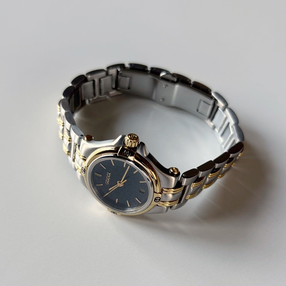 Gucci 1990s Date Round Black Dial Two Tone Gold Plated Watch