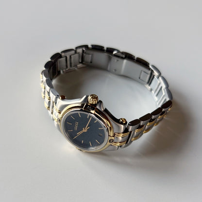 Gucci 1990s Date Round Black Dial Two Tone Gold Plated Watch
