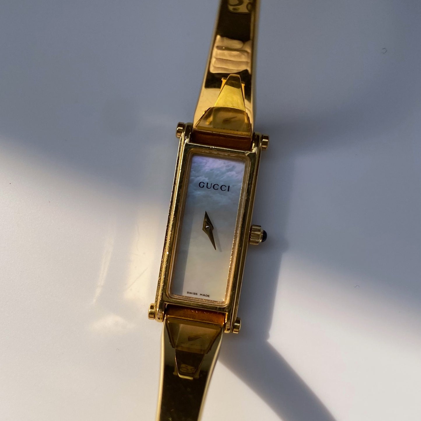 Gucci 1990s Seashell Dial Rectangular Gold Plated Bangle Watch (Small)