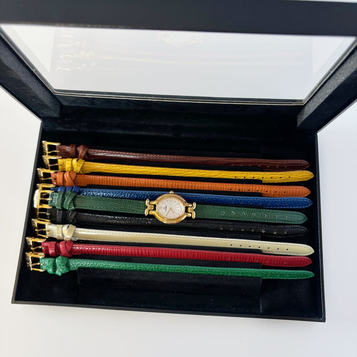 Fendi 1990s Interchangeable Belt Gold Plated Watch with 9 straps, case