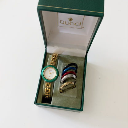 Gucci 1990s Interchangeable Bezel Gold Plated Watch with 6 bezels, case