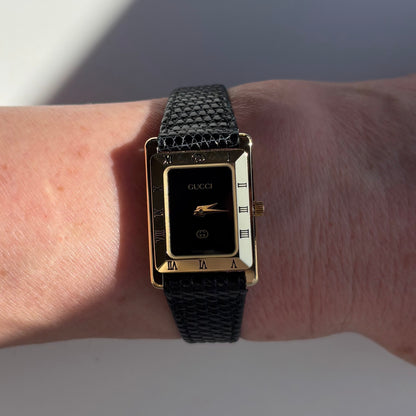 Gucci 1980s Black Dial Tank Gold Plated Watch