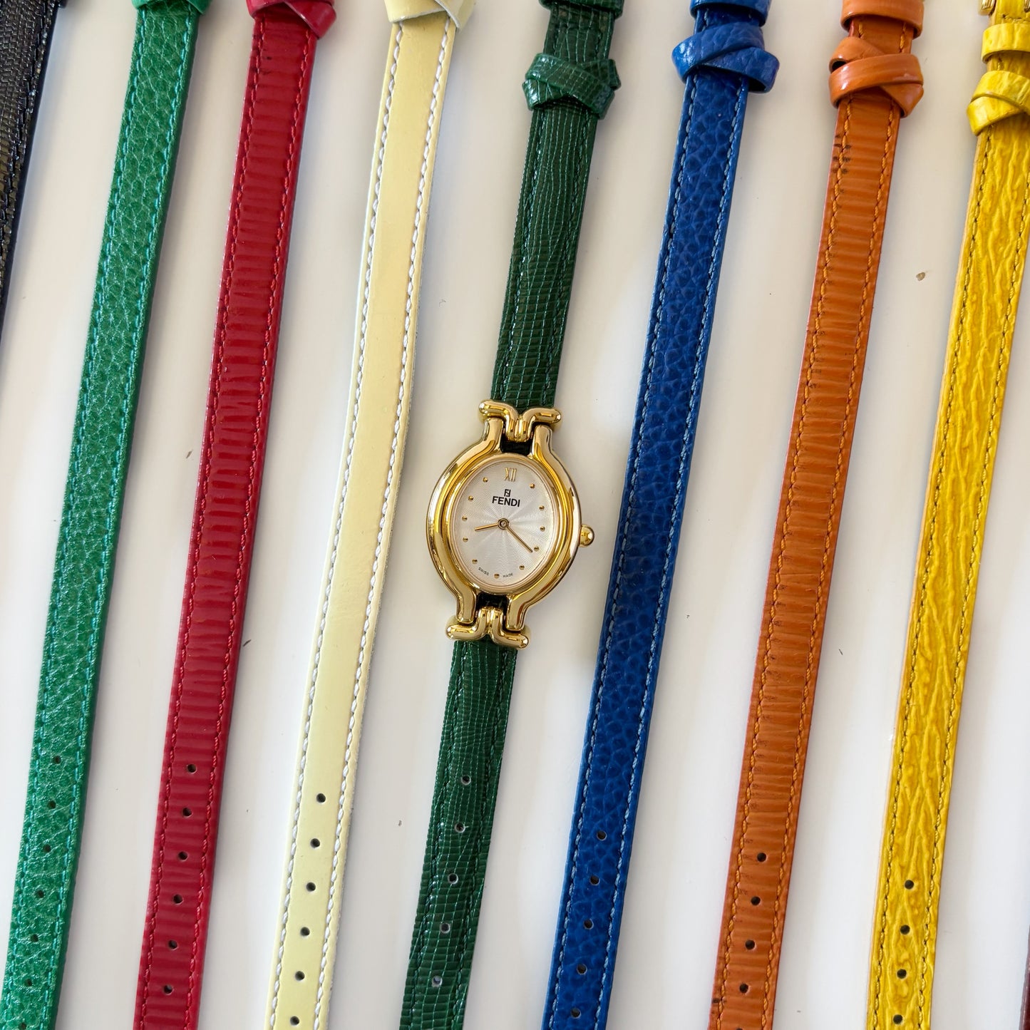 Fendi 1990s Interchangeable Belt Gold Plated Watch with 9 straps, case