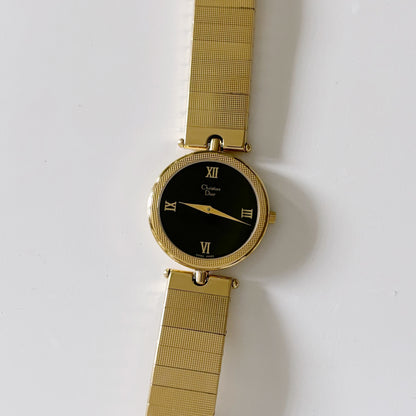 Dior 1990 Black Dial Gold Plated Round Watch (Men's)