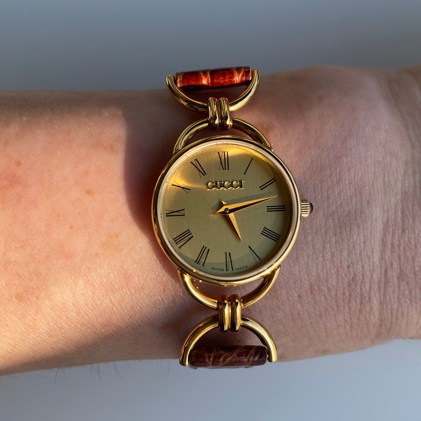 Gucci 1990s Gold Plated Round Dial Horsebit Watch