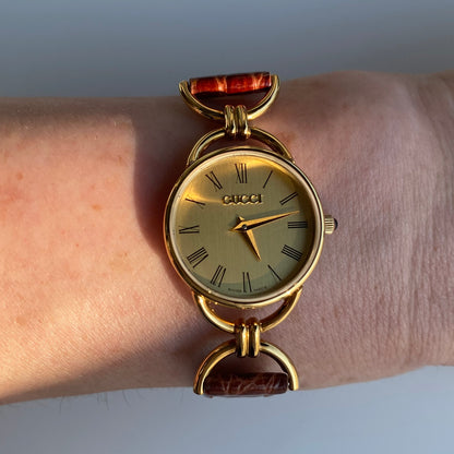 Gucci 1990s Gold Plated Round Dial Horsebit Watch