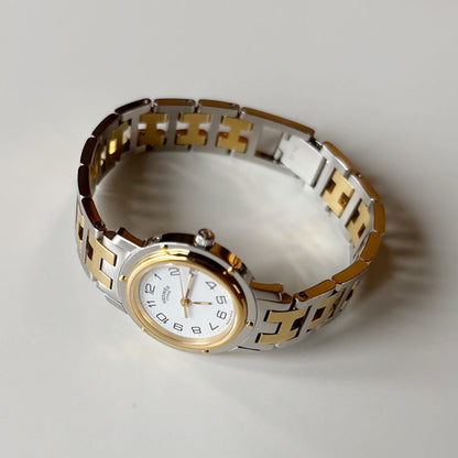 Hermes Early 2000s Clipper White Round Dial Two Tone Watch