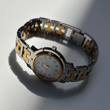 Hermes Early 2000s Clipper White Round Dial Two Tone Watch