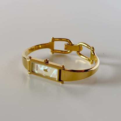 Gucci 1990s Seashell Rectangular Dial Gold Plated Bangle Watch