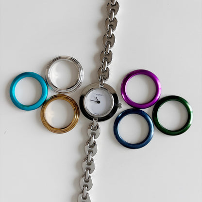 Gucci 1990s Interchangeable Bezel Stainless steel Silver Watch with 6 bezels, case (167mm)