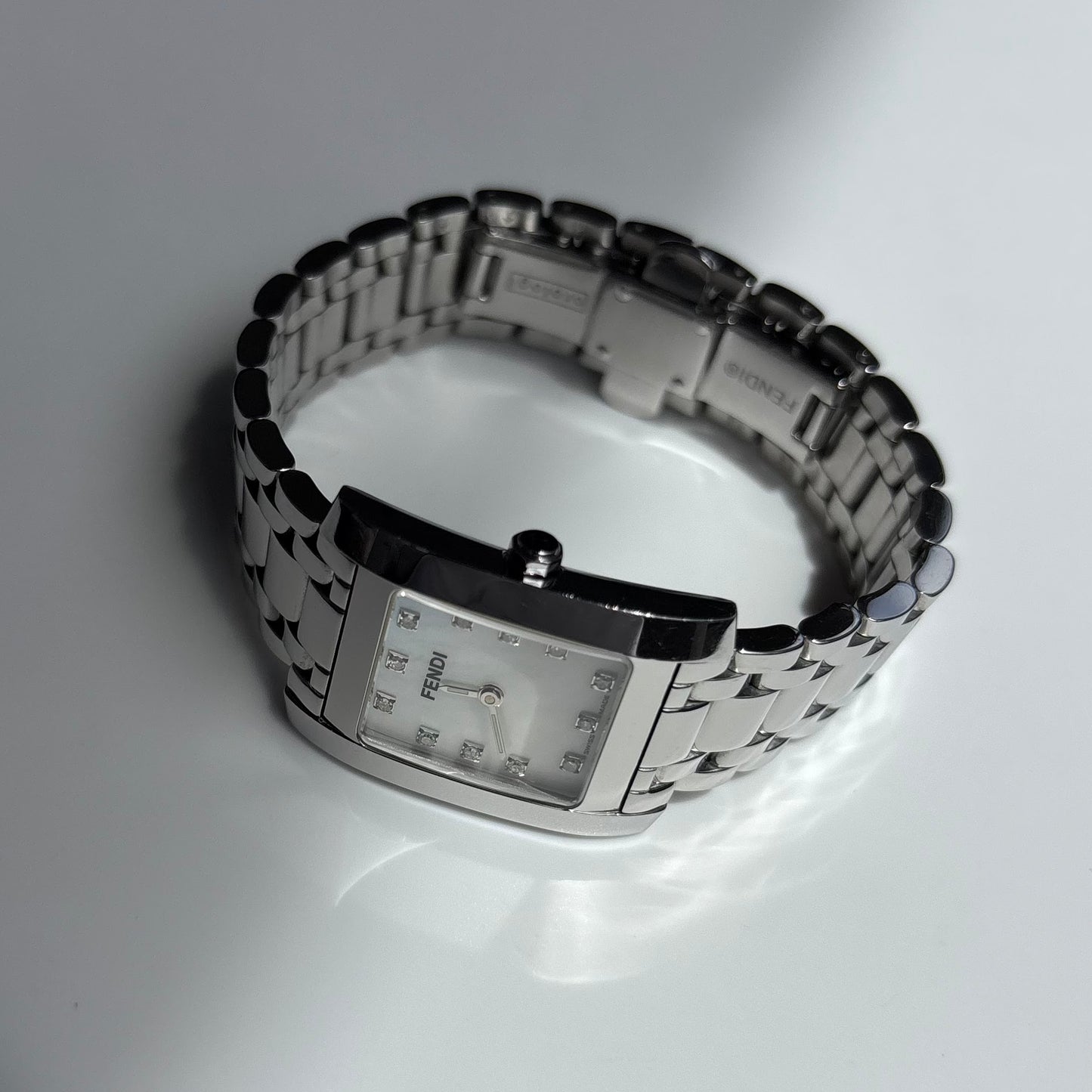 Fendi 1990s Seashell Dial Tank Silver Watch