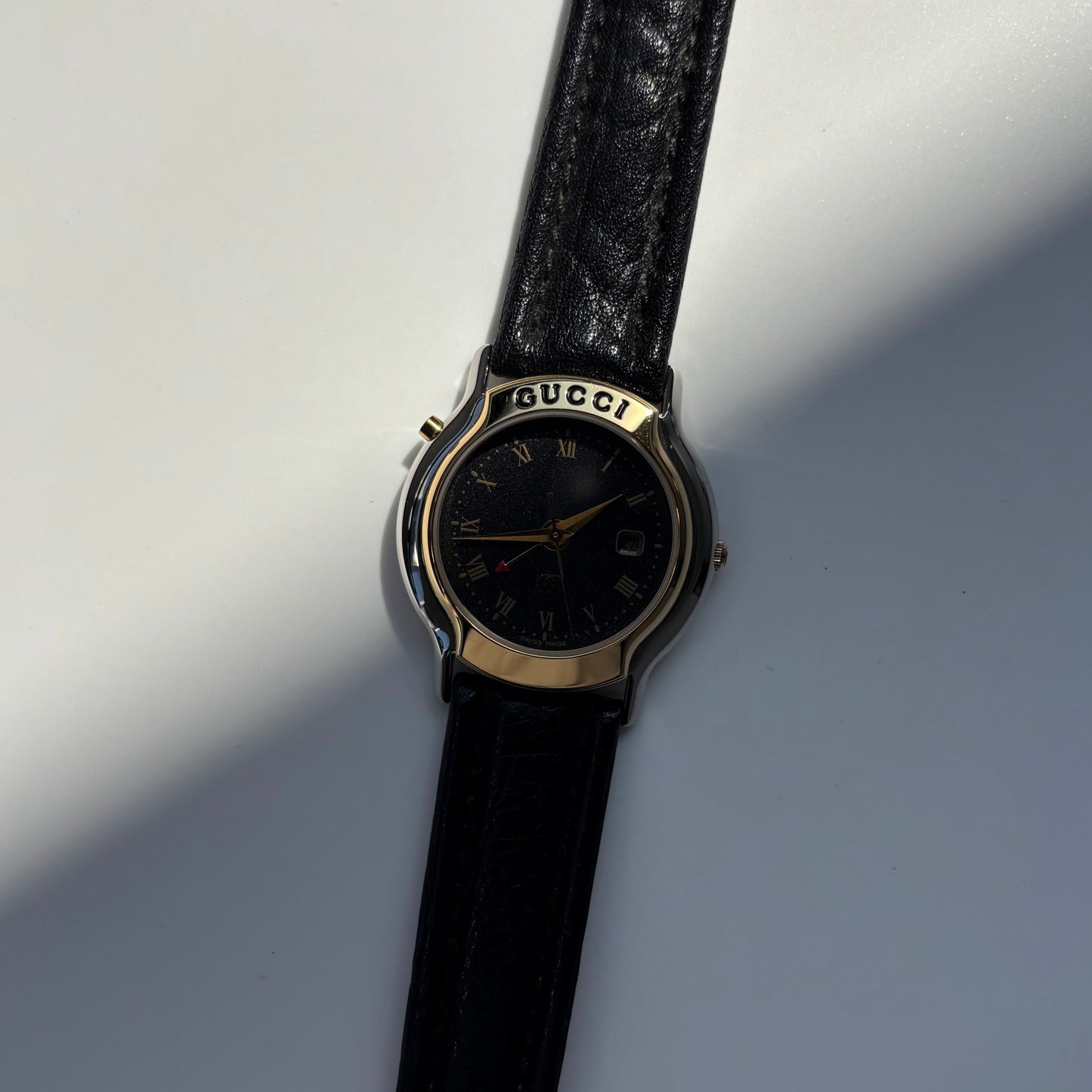 Gucci 1990s Date Black Round Dial Two Tone Watch