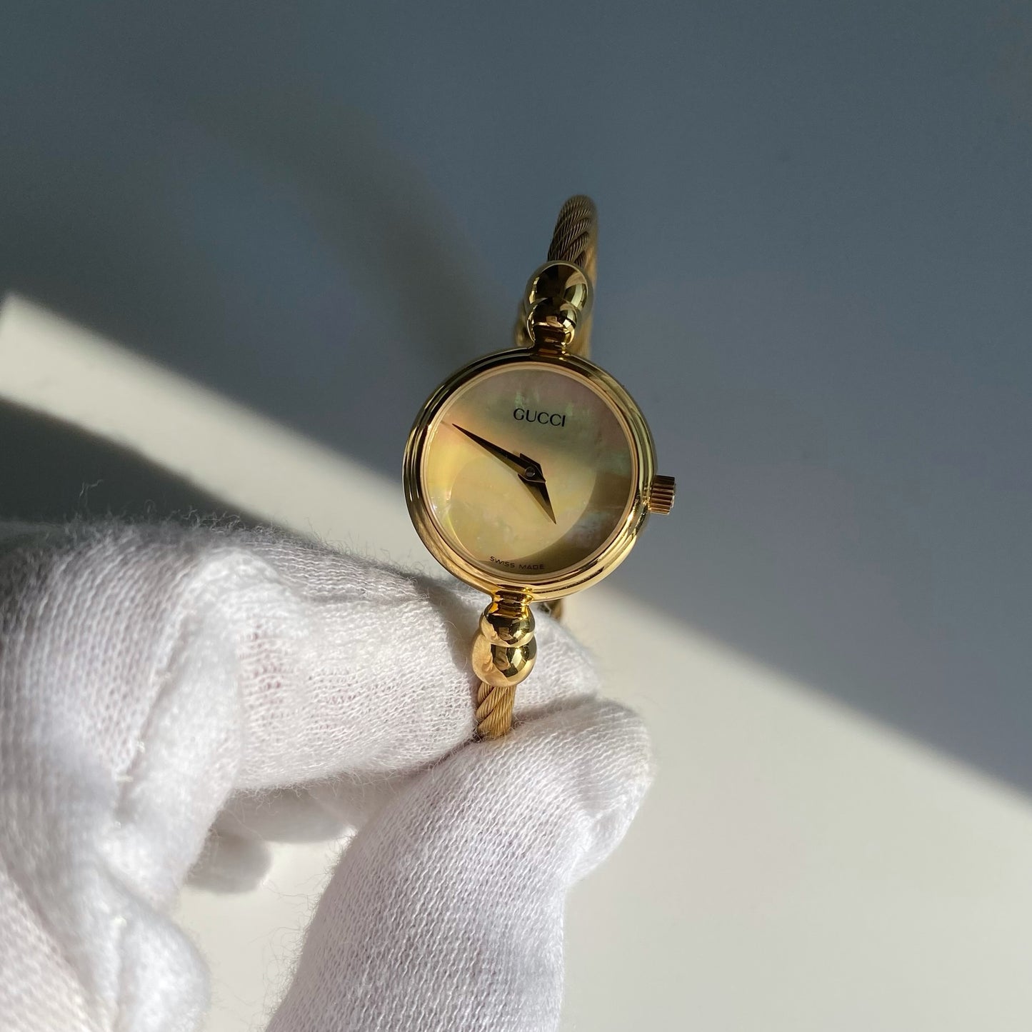 Gucci 1990s Seashell Dial Gold Plated Bangle Watch