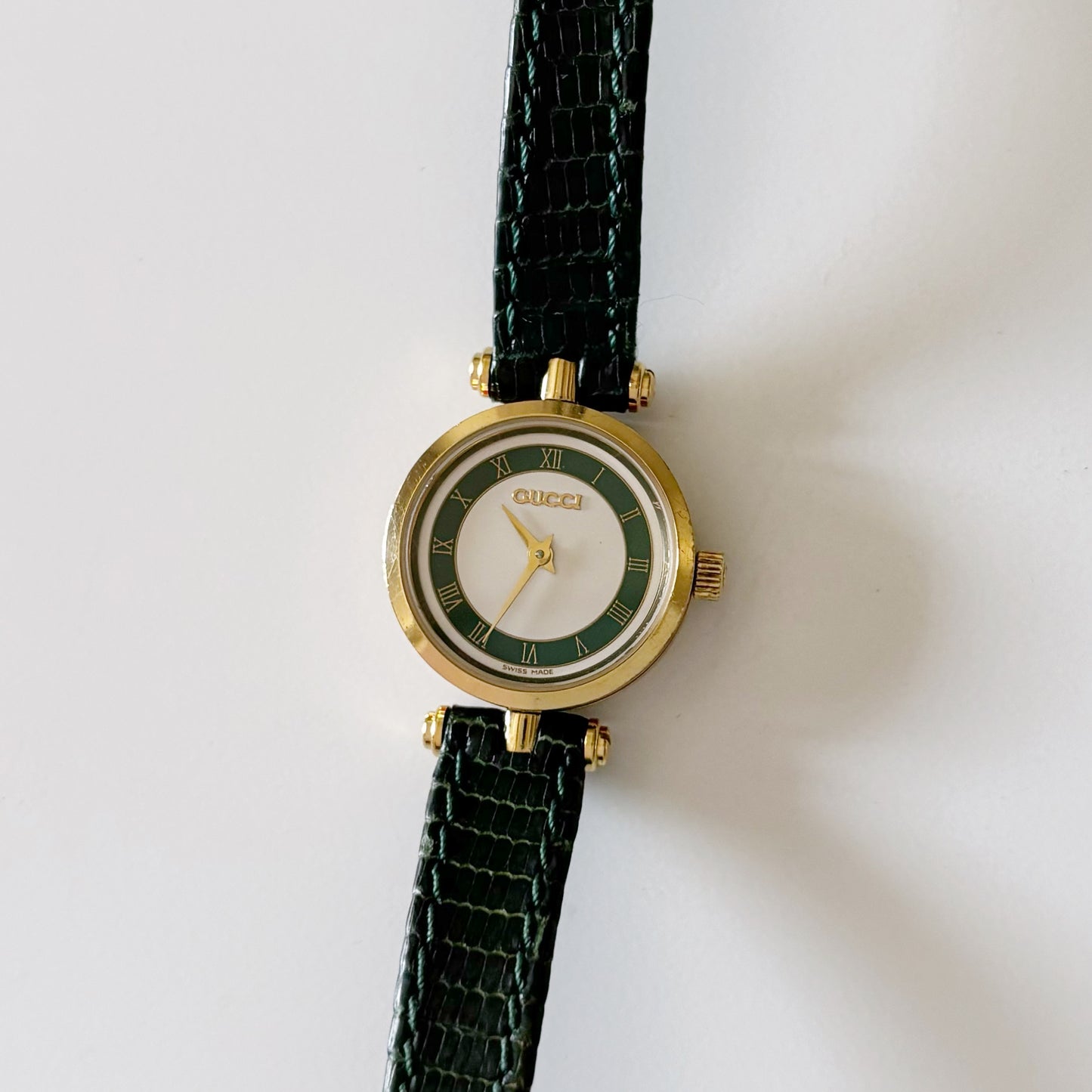 Gucci 1990s Round Green Leather Watch