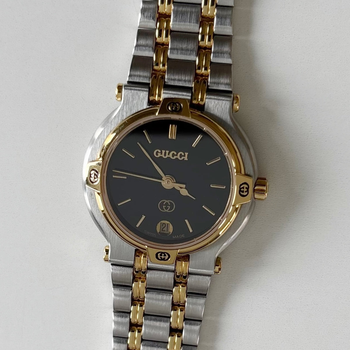 Gucci 1990s Black Dial Gold Plated Two Tone Watch