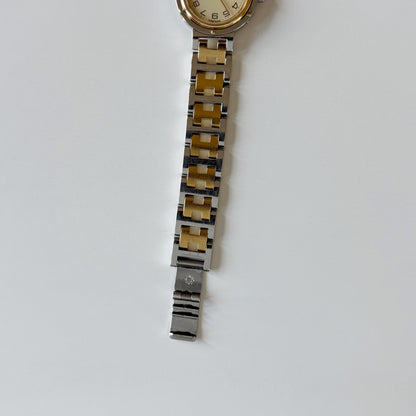 Hermes 1990s Cream Round Dial Gold Plated Two Tone Watch