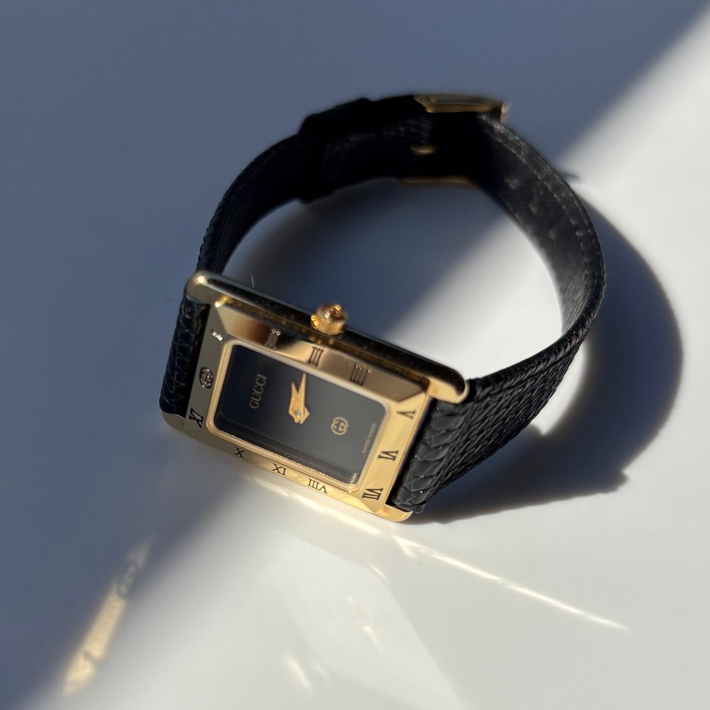 Gucci 1980s Black Dial Tank Gold Plated Watch