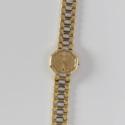 Dior 1990s Octagon Two Tone Gold Plated Watch