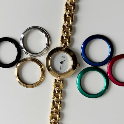 Gucci 1990s Interchangeable Bezel Gold Plated Rice Chain Watch with 6 bezels, case (160mm)