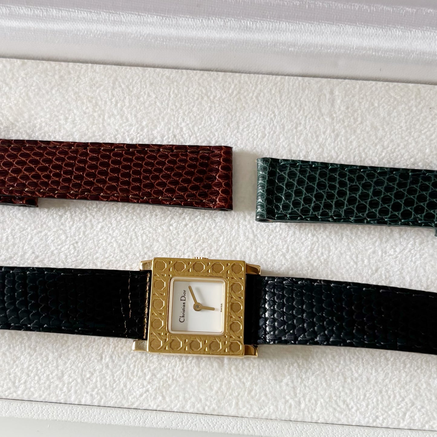 Dior 1990s La Parisienne Interchangeable Strap Gold Plated Watch with 3 straps, case