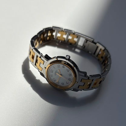 Hermes Early 2000s Clipper White Round Dial Two Tone Watch