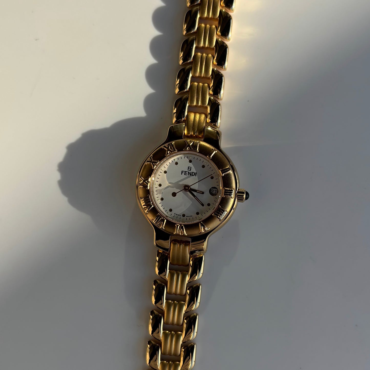 Fendi 1990s Round Dial Date Gold Plated Watch