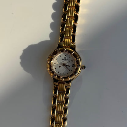 Fendi 1990s Round Dial Date Gold Plated Watch
