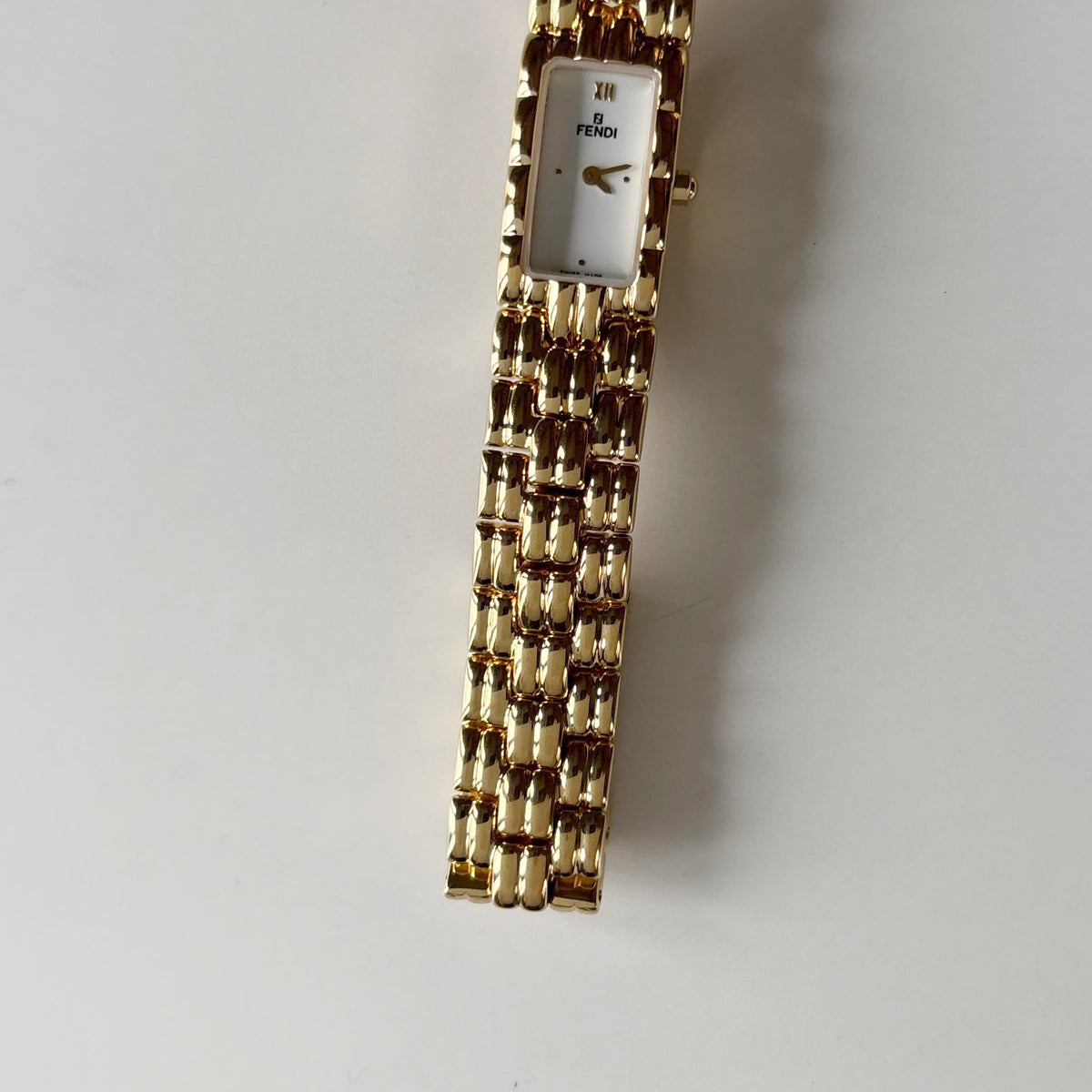 Fendi 1990s Rectangular White Dial Gold Plated Watch