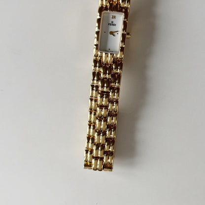 Fendi 1990s Rectangular White Dial Gold Plated Watch