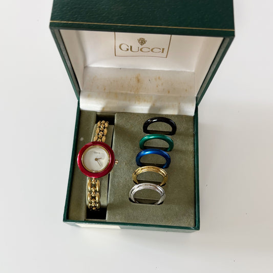 Gucci 1990s Interchangeable Bezel Gold Plated Watch with 6 bezels, case (165mm)