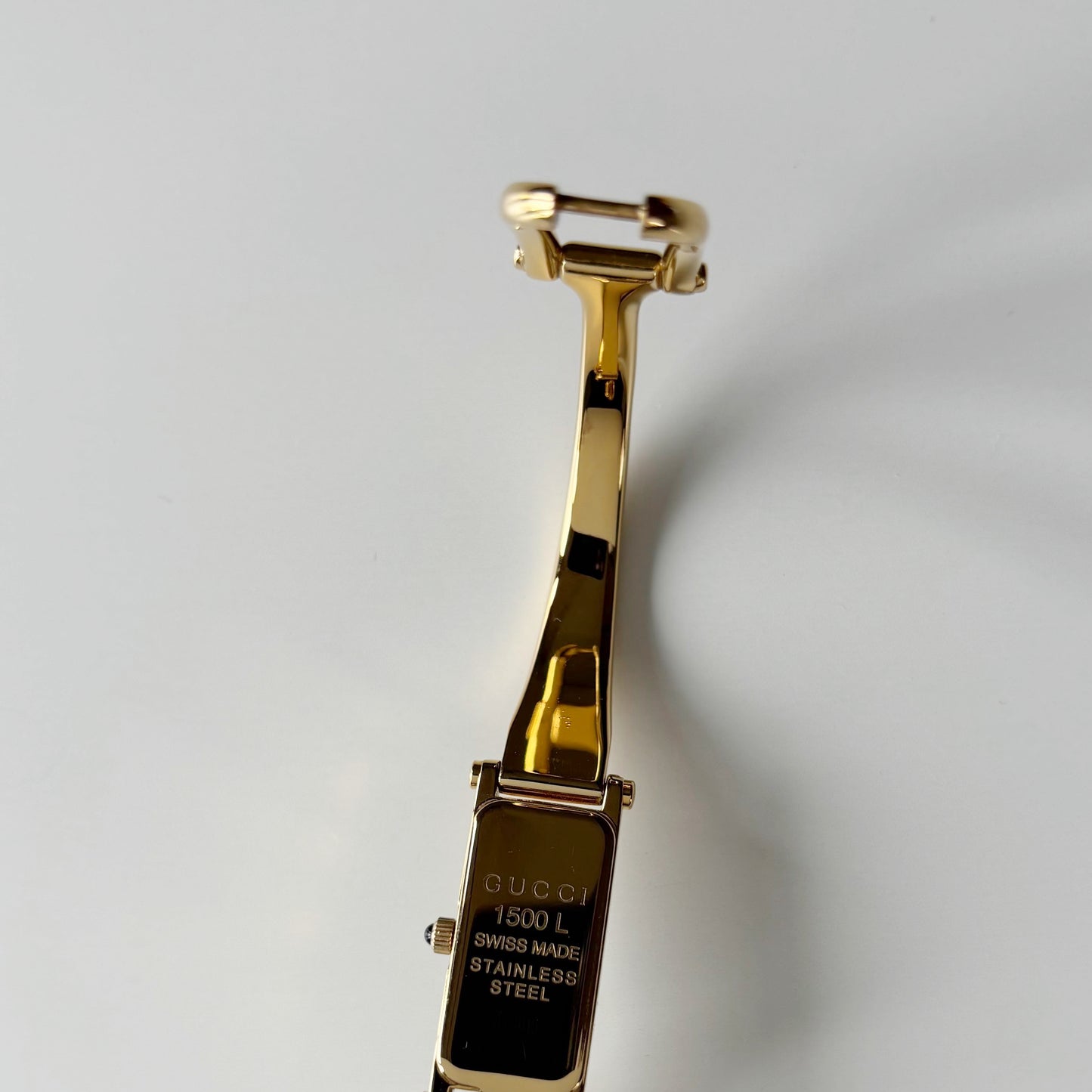 Gucci 1990s Seashell Rectangular Dial Gold Plated Bangle Watch