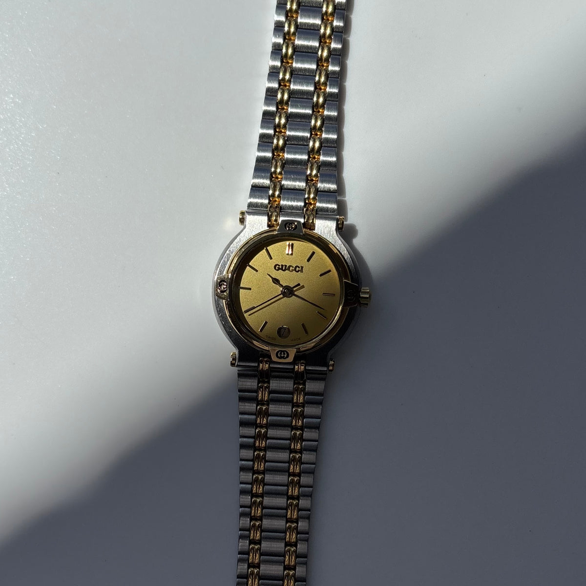 Gucci 1990s Date Round Dial Two Tone Gold Plated Watch
