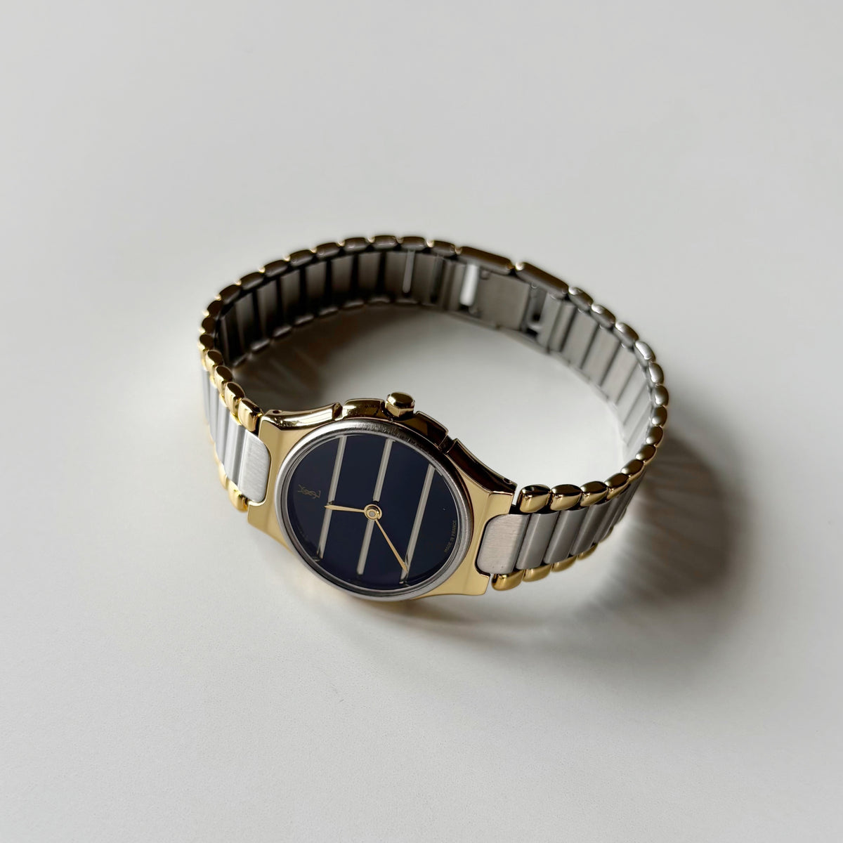 Yves Saint Laurent 1990s Navy Round Dial Two Tone Gold Plated Watch