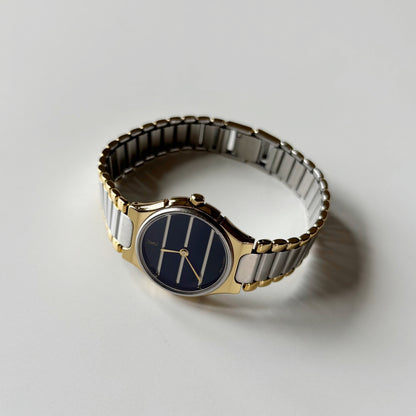 Yves Saint Laurent 1990s Navy Round Dial Two Tone Gold Plated Watch