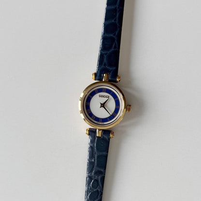 Gucci 1990s Round Dial Blue Gold Plated Watch