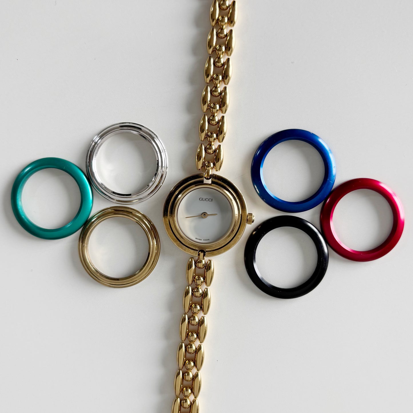 Gucci 1990s Interchangeable Bezel Gold Plated Watch with 6 bezels, case (165mm)