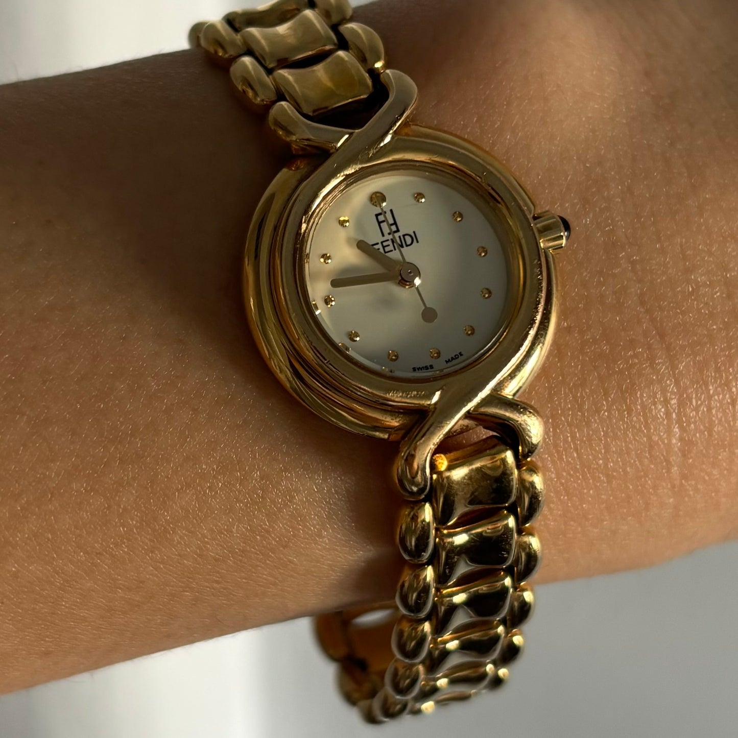 Fendi 1990s Seashell Dial Gold Plated Round Watch