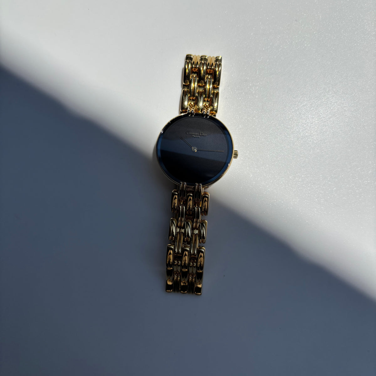 Dior 1990s Bagheera Round Black Dial Gold Plated Watch