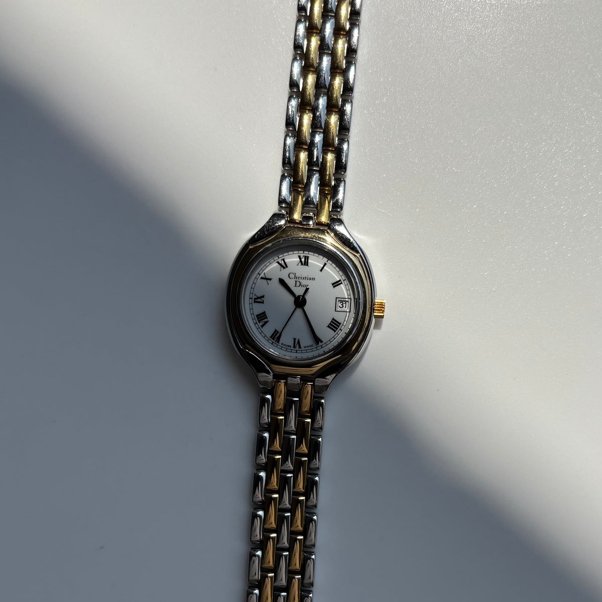 Dior 1990s Date Round Dial Gold Plated Two Tone Watch