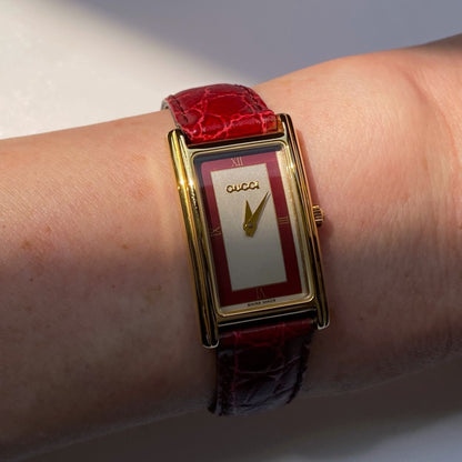 Gucci 1990s Gold Plated Rectangular Red Leather Watch