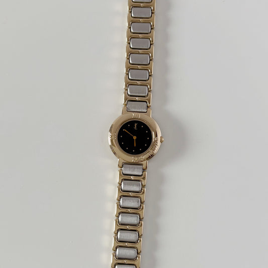 Yves Saint Laurent 1990s Black Round Dial Two Tone Gold Plated Watch