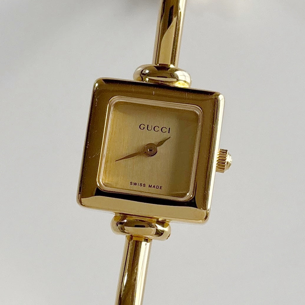Gucci 1990s Square Dial Gold Plated Bangle Watch (Small)