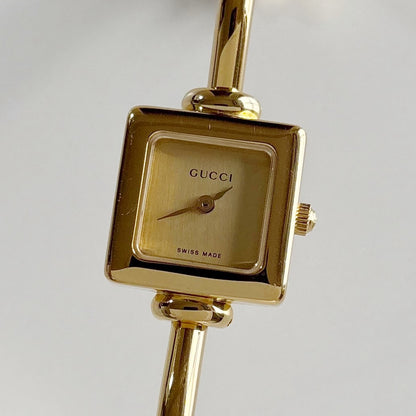 Gucci 1990s Square Dial Gold Plated Bangle Watch (Small)