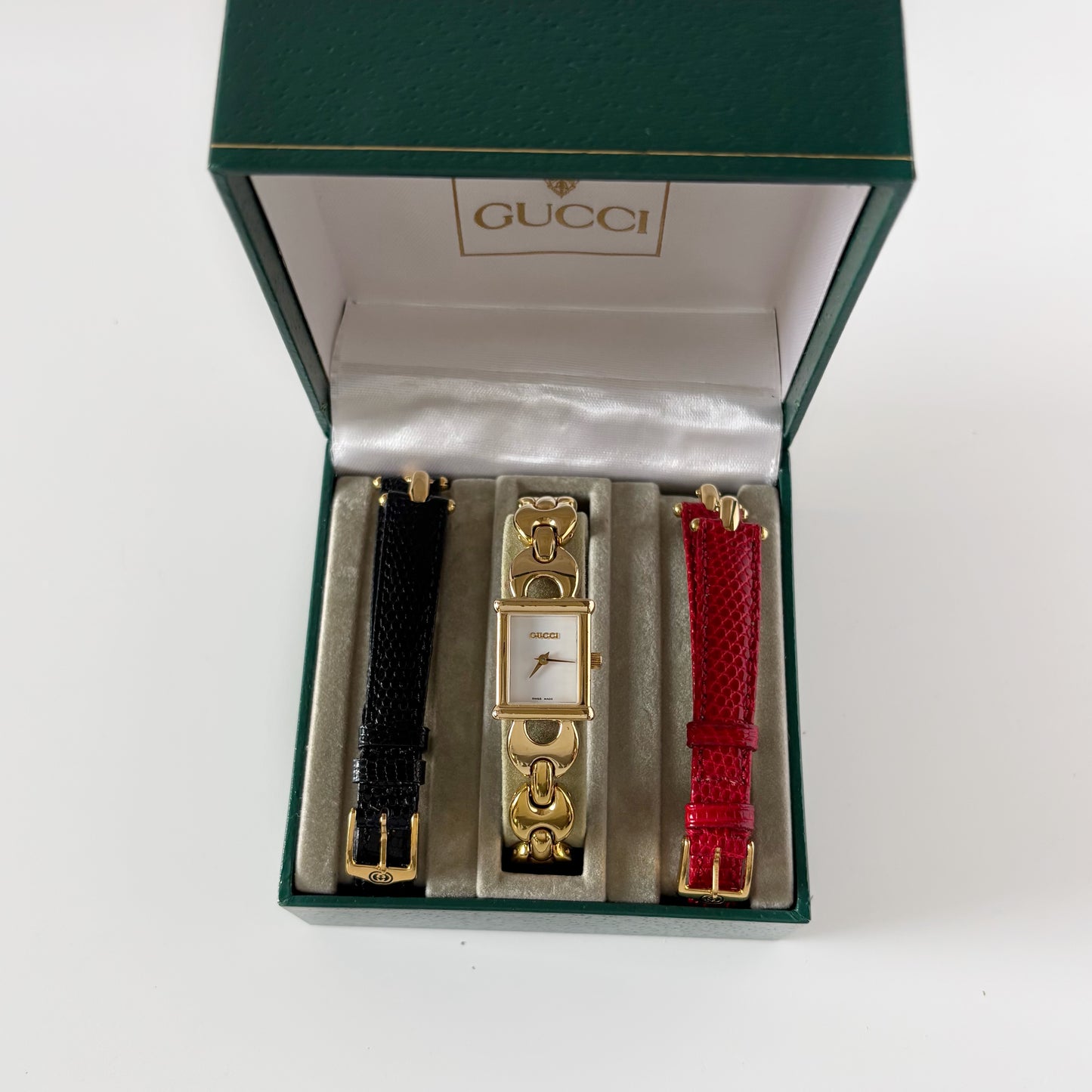 Gucci 1990s Interchangeable Strap Gold Plated Watch Watch with 3 belts, case