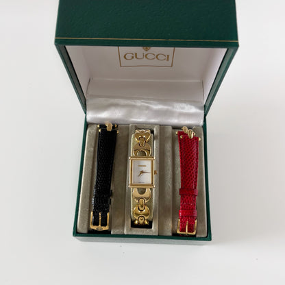 Gucci 1990s Interchangeable Strap Gold Plated Watch Watch with 3 belts, case