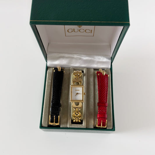 Gucci 1990s Interchangeable Strap Gold Plated Watch Watch with 3 belts, case
