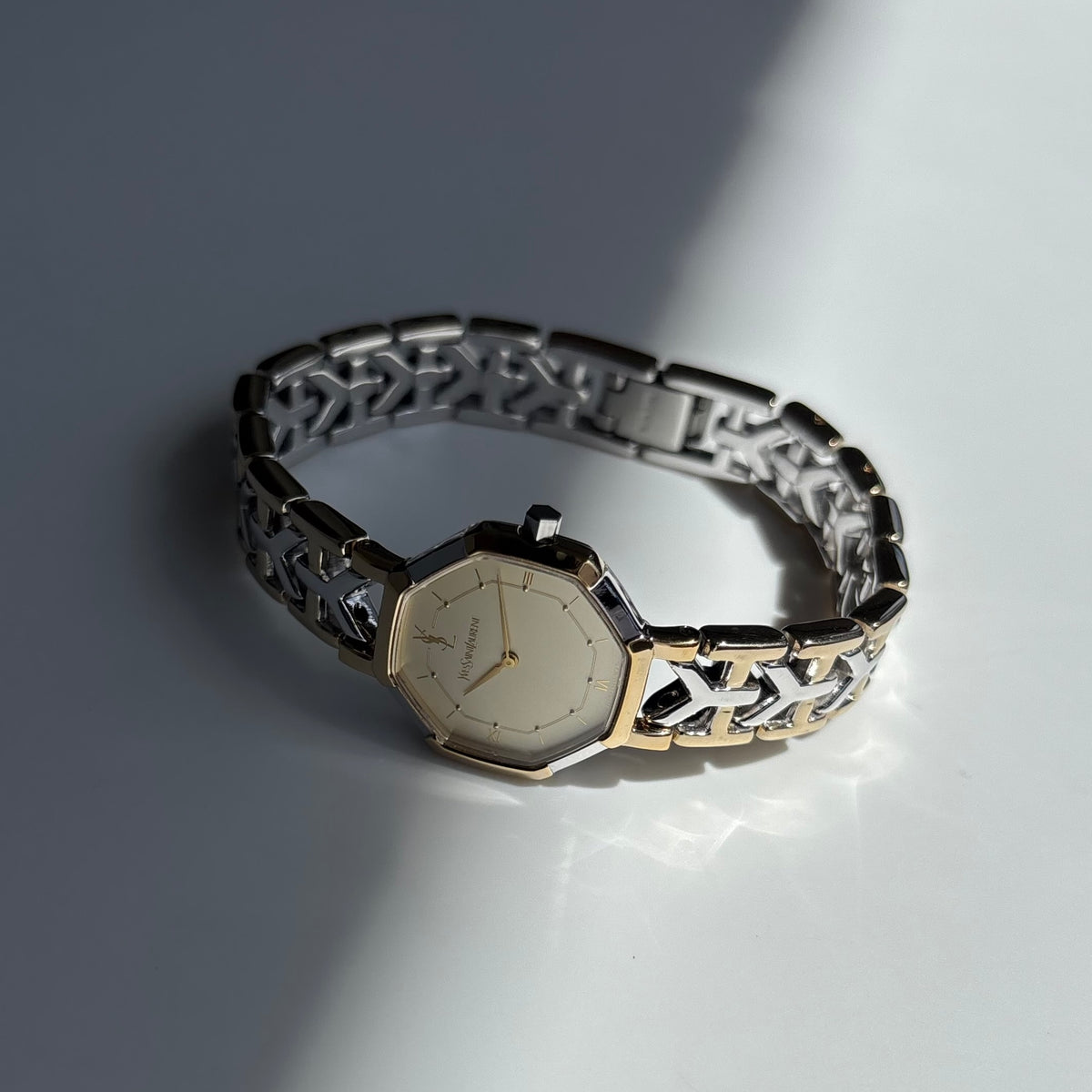 Yves Saint Laurent 1990s Octagon Gold Plated Two Tone Watch